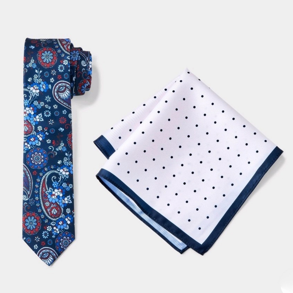 Goodfellow & Co NWT Tie & Pocket Square Set Navy Blue Paisley Polkadot